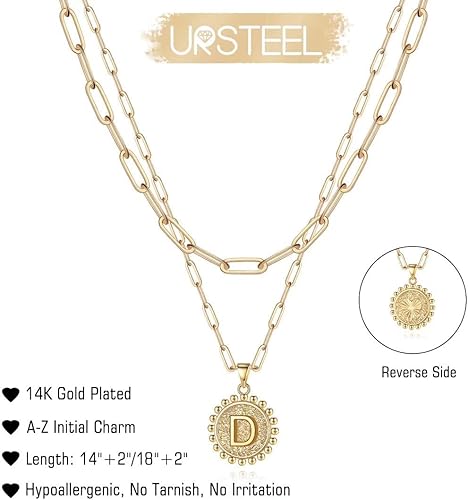 Miniatura 5 de Ursteel- Collares escalonados con iniciales para mujer, cadena de clip en capas, chapado en oro de 14 quilates, dije de moneda con inicial para