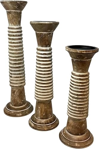 Miniatura 2 de Portavelas acanalados para velas de pilar, juego de 3 portavelas altos de madera grandes de 18 pulgadas, 16 pulgadas, 14 pies, tallados a mano,