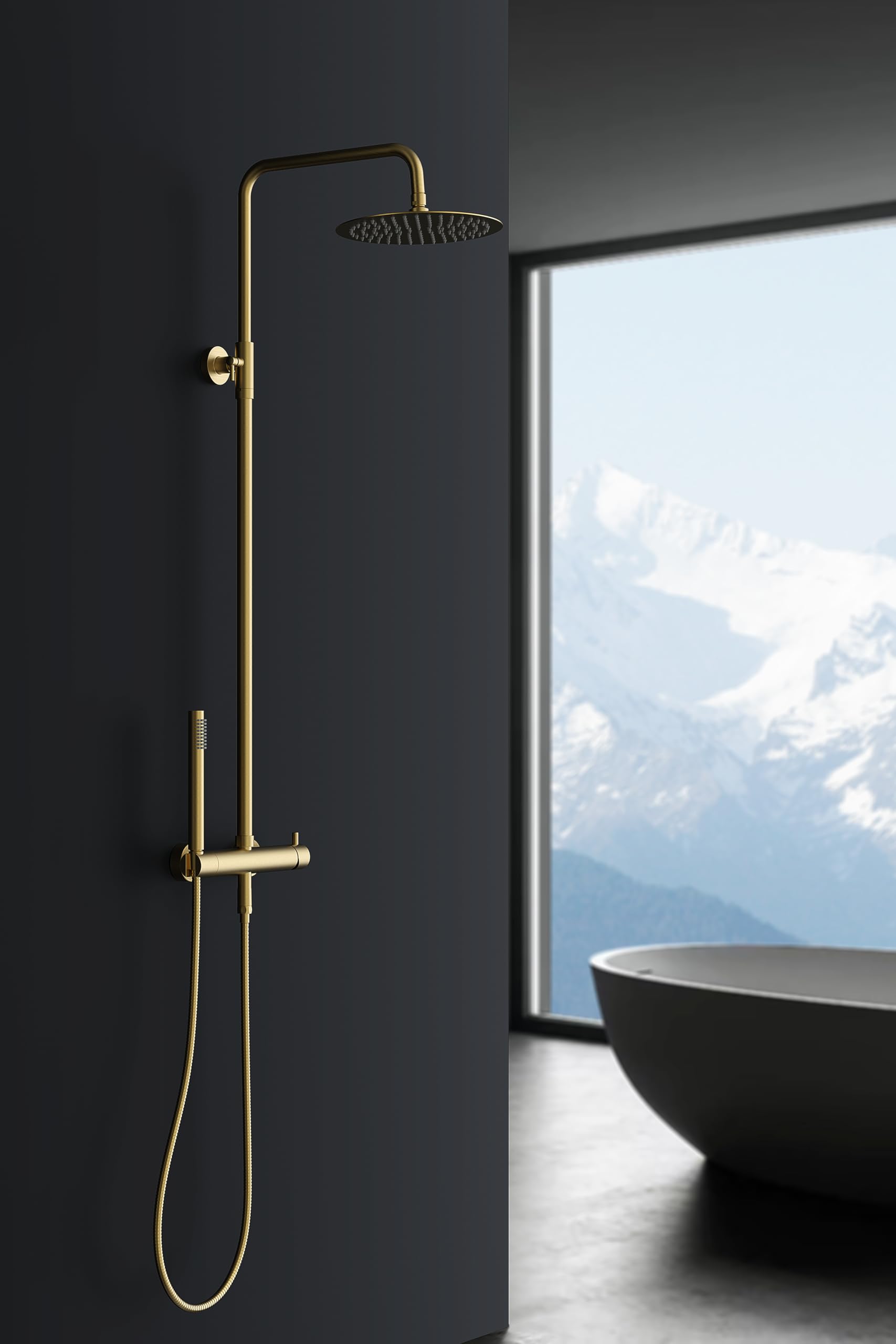 Marwell Duschsäule Gold gebürstet mit mechanischer Armatur – Duschsystem mit Messing Handbrause, verstellbarer Duschstange 880–1180 mm, flexiblem Brauseschlauch, Regendusche