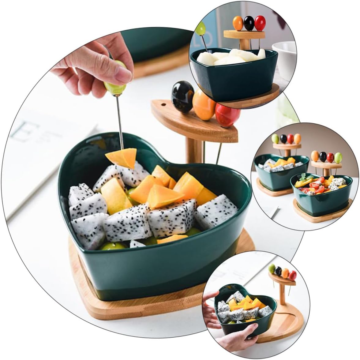 Heart Shaped Ceramic Salad Bowl with Forks, Green Porcelain Fruit and Snack Bowl for Kitchen and Living Room, Household Tableware for Serving Desserts and Salads