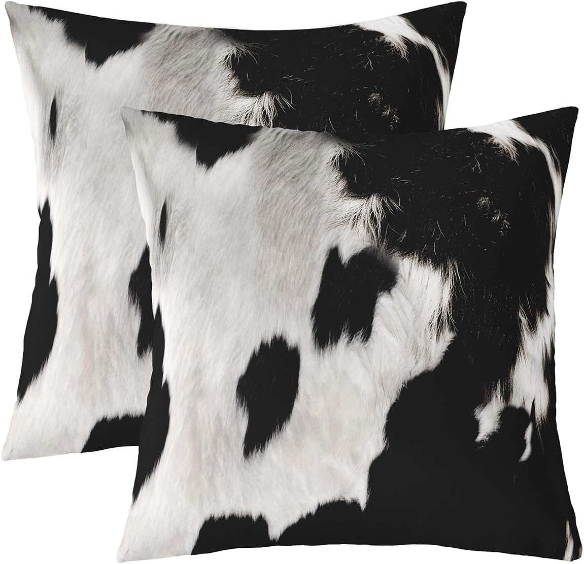 Cowhide Throw Pillow Covers 24"x24" Set of 2 Cow Fur Printed Pillow Cases Cushion Covers for Living Room Bedroom Western Farm Animal Skin Black White Decorative Throw Pillowcases for Sofa Couch Chair