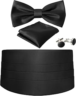 Cummerbund and Bow Tie Set Solid Color Adjustable Formal Men's Black Cumberbund Bowtie Cufflinks Set & Pocket Squares