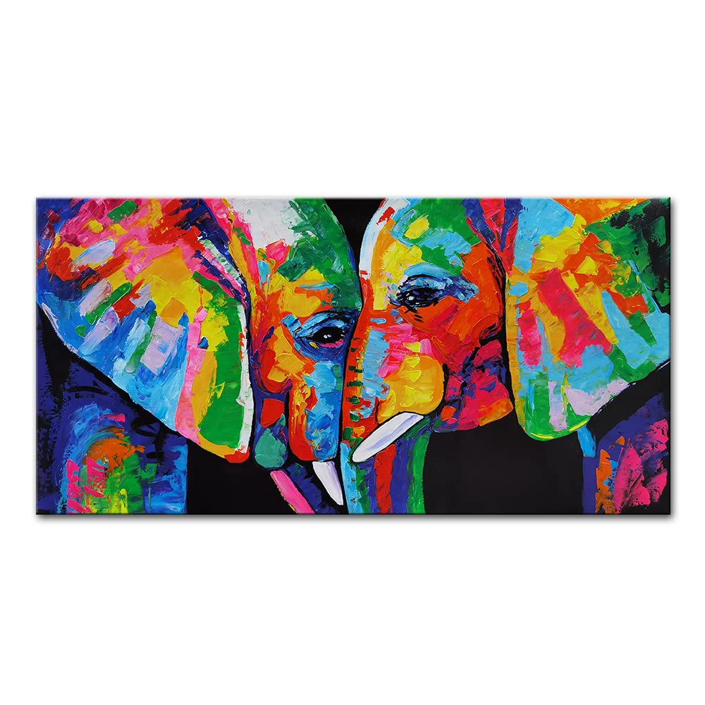 Mintura Obra de arte pintada a mano con los dos elefantes amorosos, arte de pared para sala de estar, lienzo acrílico, decoración de hotel, pinturas al óleo sobre lienzo (140 x 280 cm sin marco)