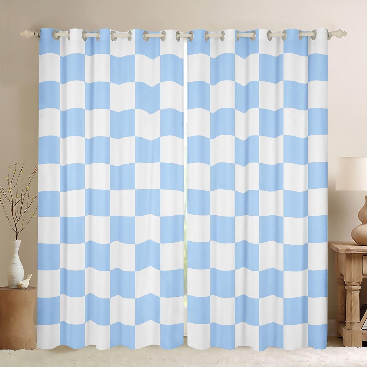 Castle Fairy Geometric Grid Window Curtain Set of 2 Panels,Gingham Plaid Checkered Theme Blackout Curtains,Modern Groovy Art Design Window Drapes for Kids Boys Room Decor,Bule 52Wx63L Inches