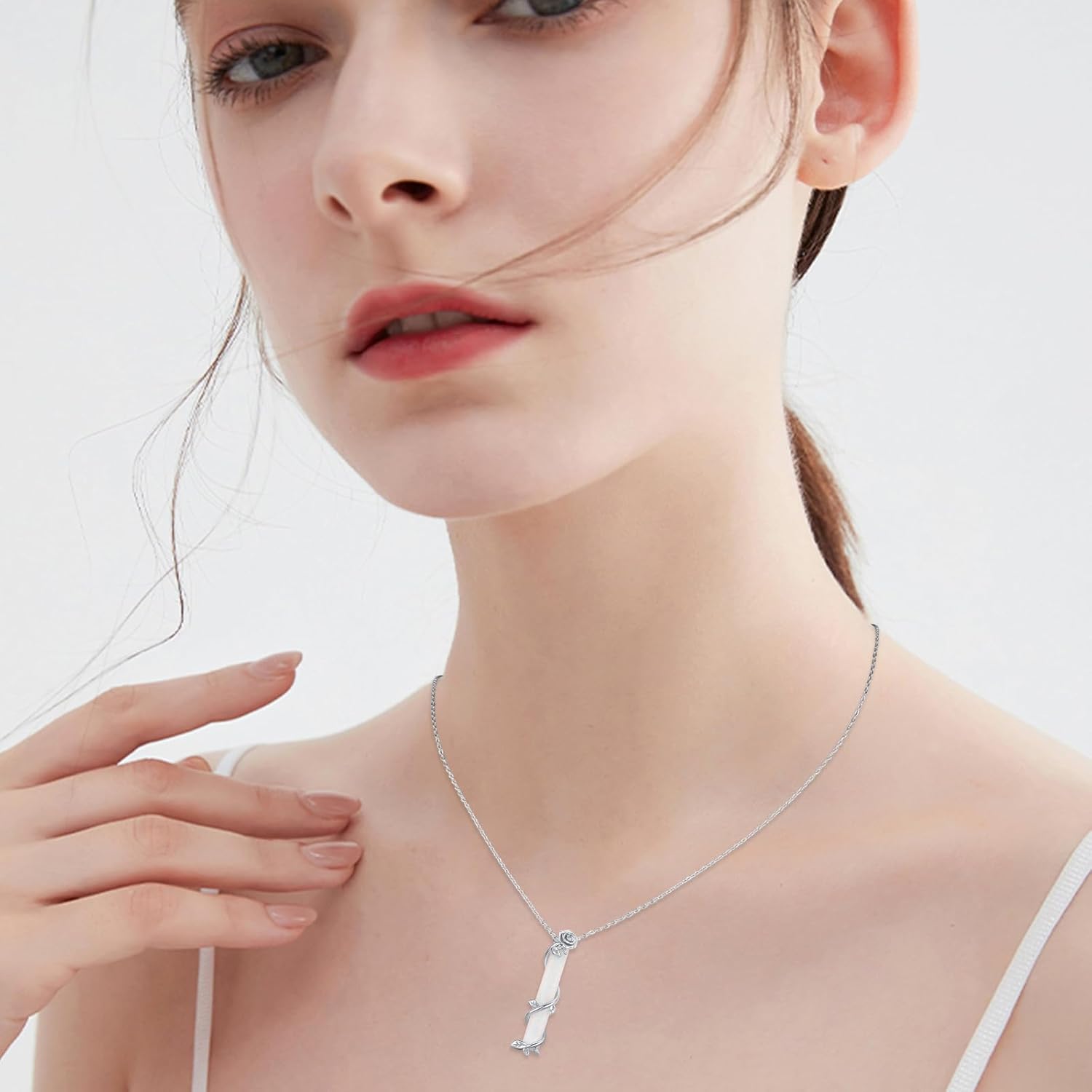 Bar Necklace for Women,S925 Sterling Silver White Opal Bar Necklace with Leaf Charm Bar Pendant Jewelry Gift for Mom Daughter Wife - Image 2