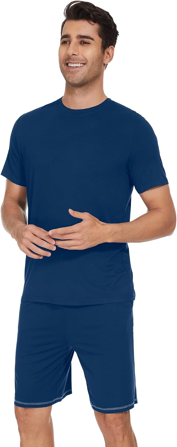 WiWi Men's Pajamas Set Short Sleeve Top and Shorts Pajama Lightweight Pjs Viscose made from Bamboo Loungewear S-XXL