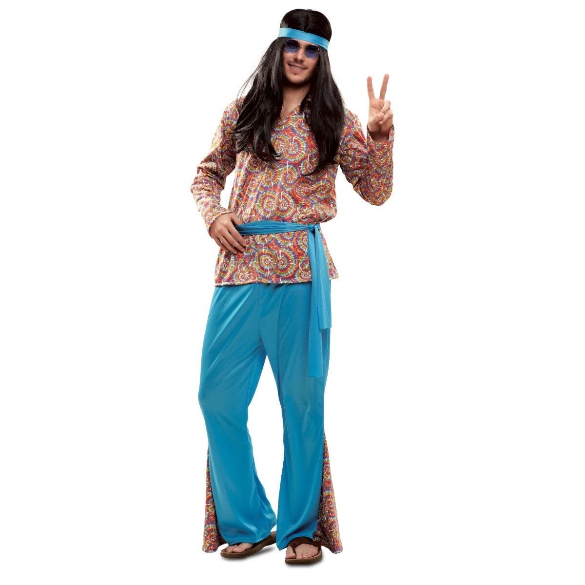 My Other Me - Disfraz Hippie hombre adulto en multicolor | Incluye camisa colorida con estampado psicodélico, pantalón azul con detalles del mismo estampado, cinta y cinturón