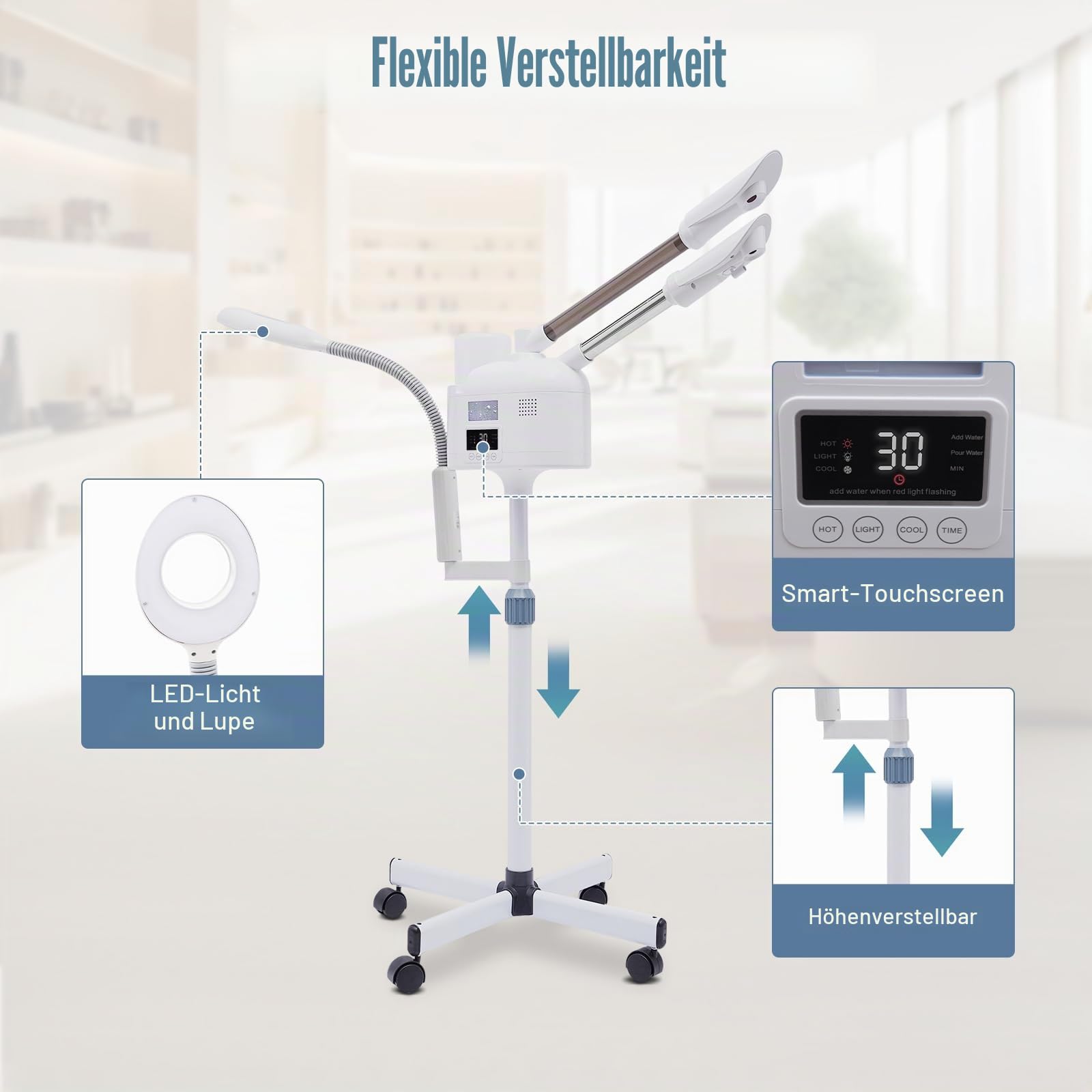 Vapozon Ästhetisch, professionell, 3 in 1, Vapozon, tragbar, Dampfdampf, Gesicht, mit LED-Licht und Lupe, höhenverstellbar, Warm- und Kaltmodus, 360 ° drehbare Düse, für Schönheitssalon