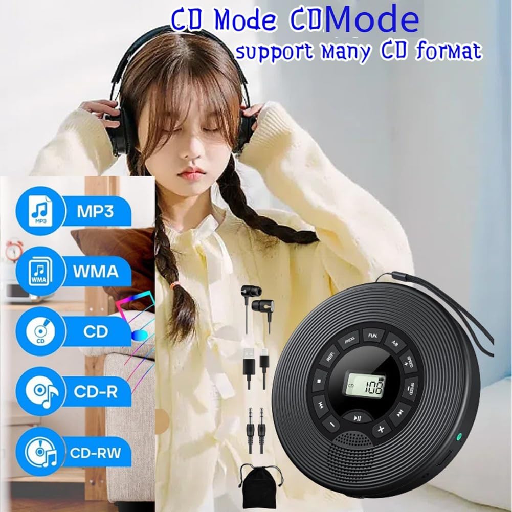 Trasmettitore FM 1500MAH Bluetooth CD Player con Cuffie AUX USB Anti-Skip Discman Portatile per Auto