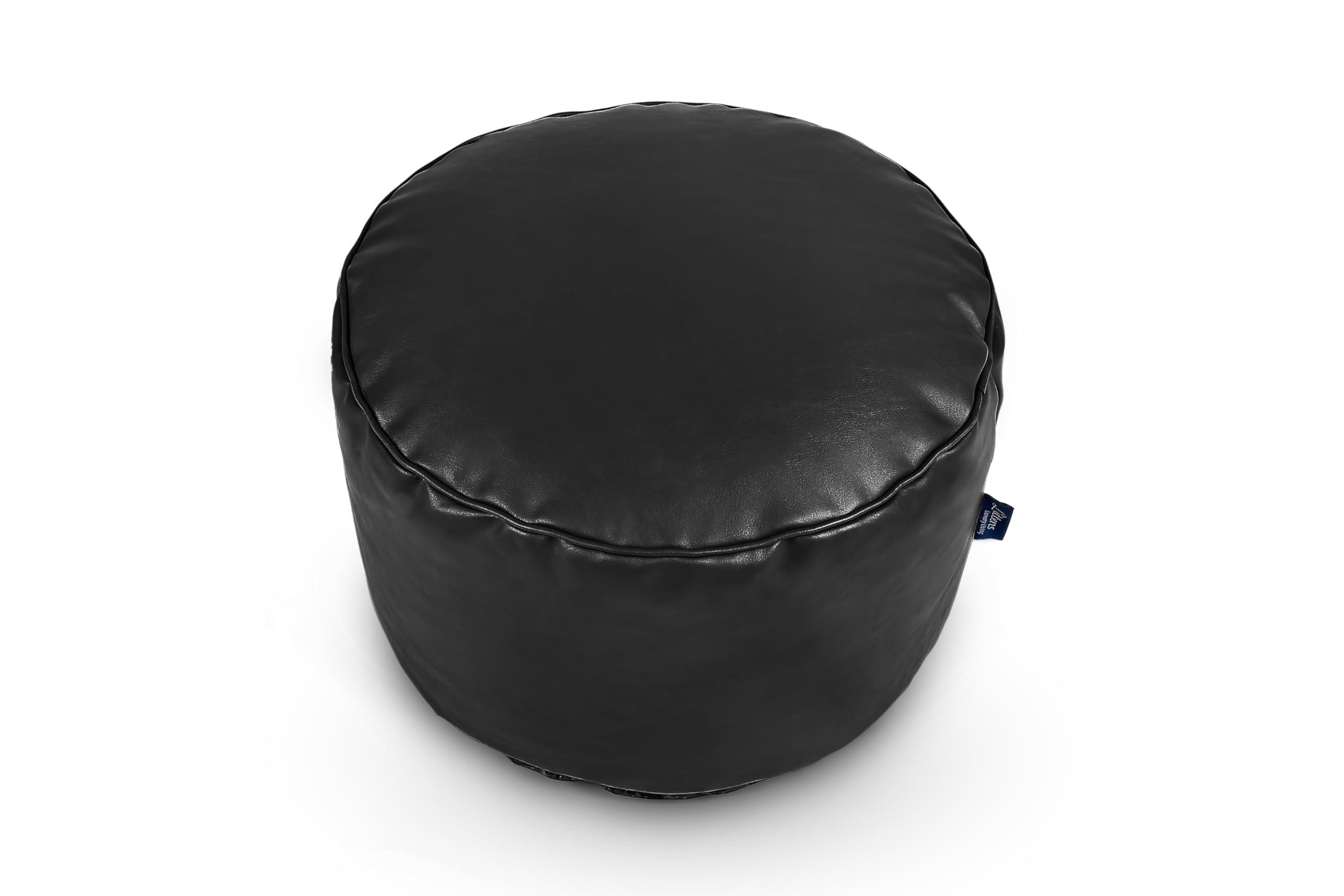 Littens Black Soft Faux Leather Round Footstool Ottoman Pouffe Bean Bag, Living Room Decorative Low Seat (45cm x 25cm)