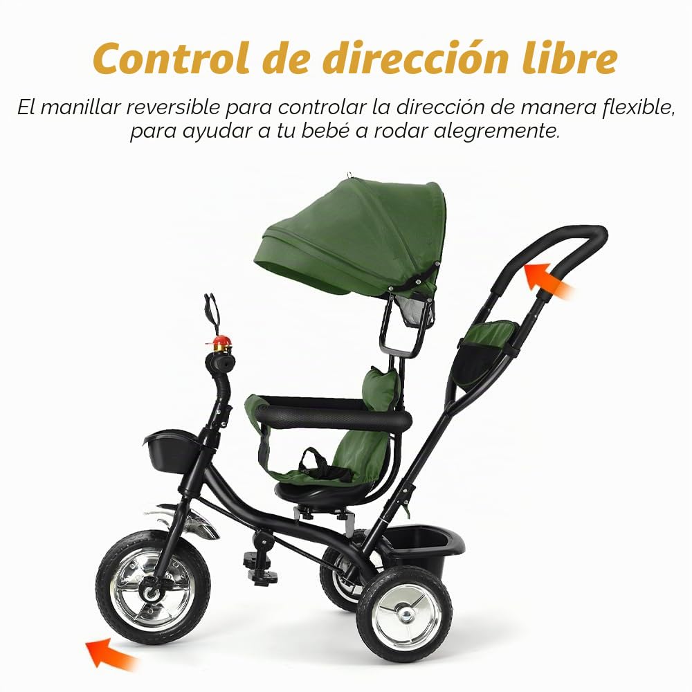OHMG Triciclo bebé evolutivo 5 en 1 bicicleta. Silla de paseo con mango de empuje, toldo desmontable, cinturón de seguridad de 5 puntos, almacenamiento, reposapiés, freno, para niños de 1 a 5 años