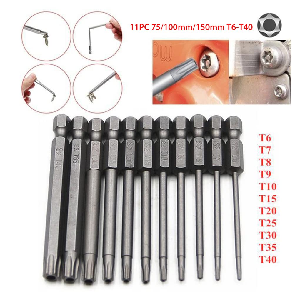 Lot de 11 embouts de tournevis à poignée hexagonale - Outils de vissage en alliage d'acier Torx - Travail du bois - Haute précision - 150 mm