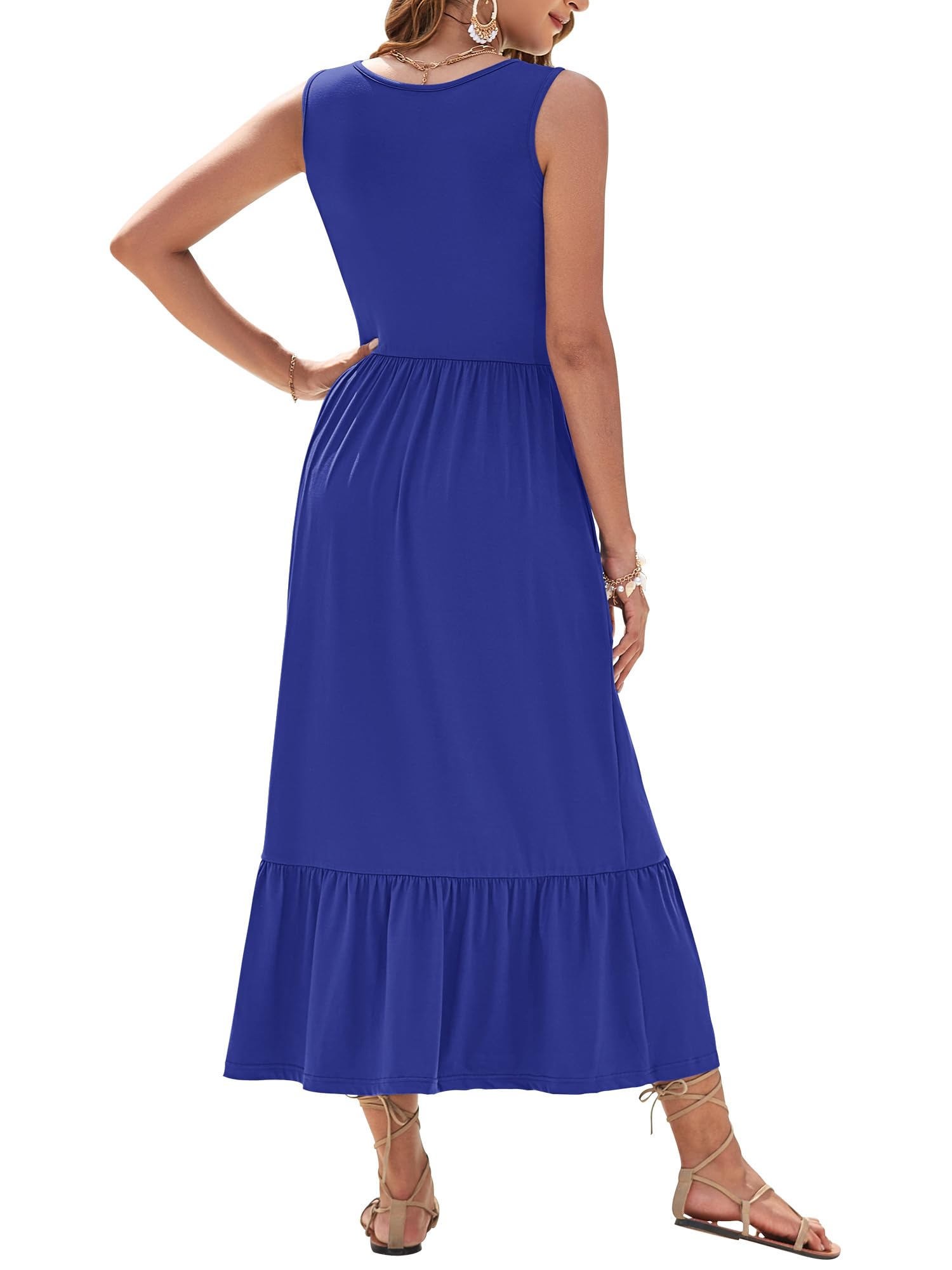 WNEEDU Vestido de Verano para Mujer Vestido Largo sin Mangas con Cintura Imperio Vestidos playeros aireados con Escote en U y Bolsillos para Mujer