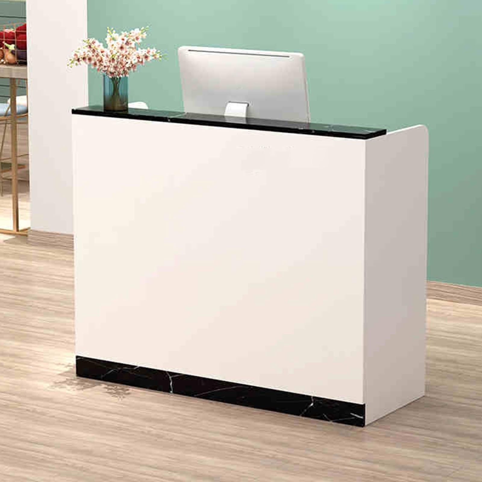 Bureau de réception moderne avec tiroirs verrouillables pour salon, spa, bureau, hall, comptoir de réception de beauté avec panneaux privés et casiers.