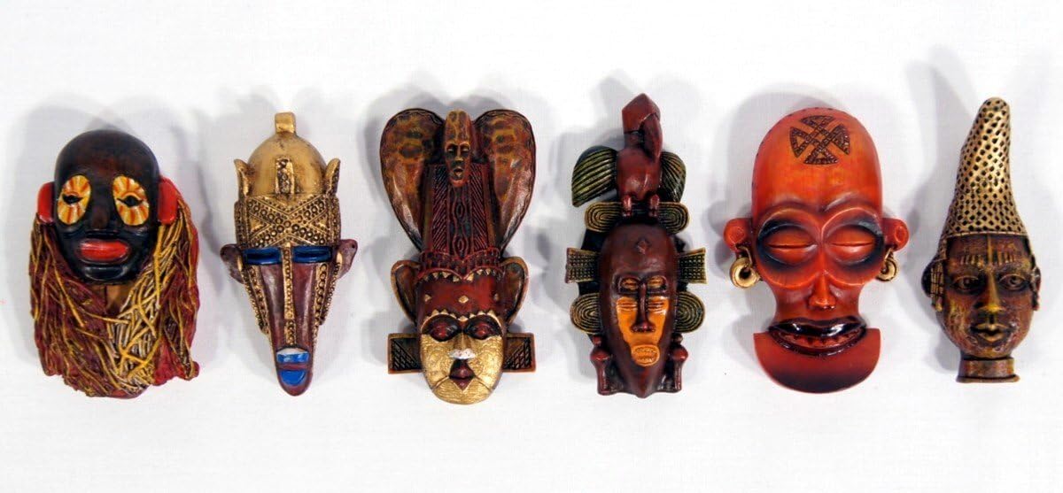 Handpainted Poly Stone African Mask Arts Assorted Magnet (Set of 6 B)