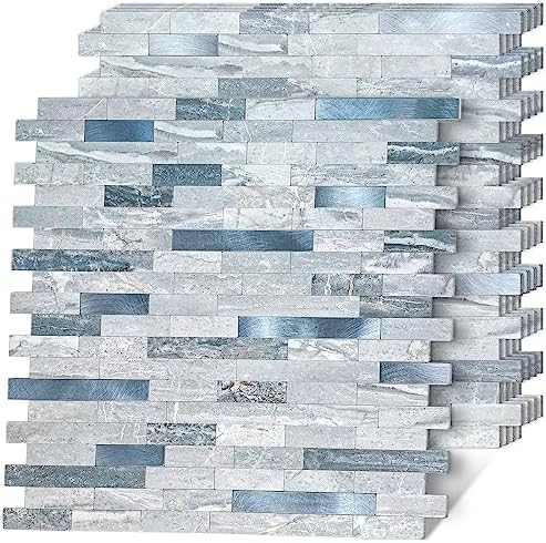 HomeyMosaic 10-Sheets Metal Backsplash Subway Tile Peel and Stick on Kitchen Bathroom Fireplace Laundry 3D Wall Stone Panel in Marble Grey Blue