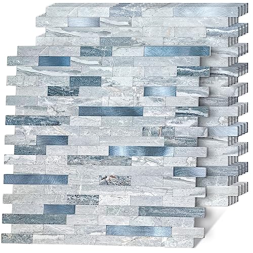 Homeymosaic 10-Sheets Metal Backsplash Subway Tile Peel And Stick On Kitchen Bathroom Fireplace Laundry 3D Wall Stone Panel In Marble Grey Blue #TOP14