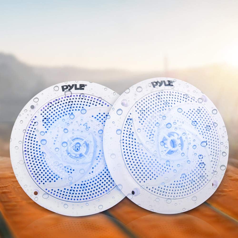 Low-Profile Waterproof Marine Speakers - 240W 6.5 Inch 2 Way 1 Pair Slim Style Waterproof Weather Resistant Outdoor Audio Stereo Sound System w/Blue Illuminating LED Lights - Pyle (White) : Electronics