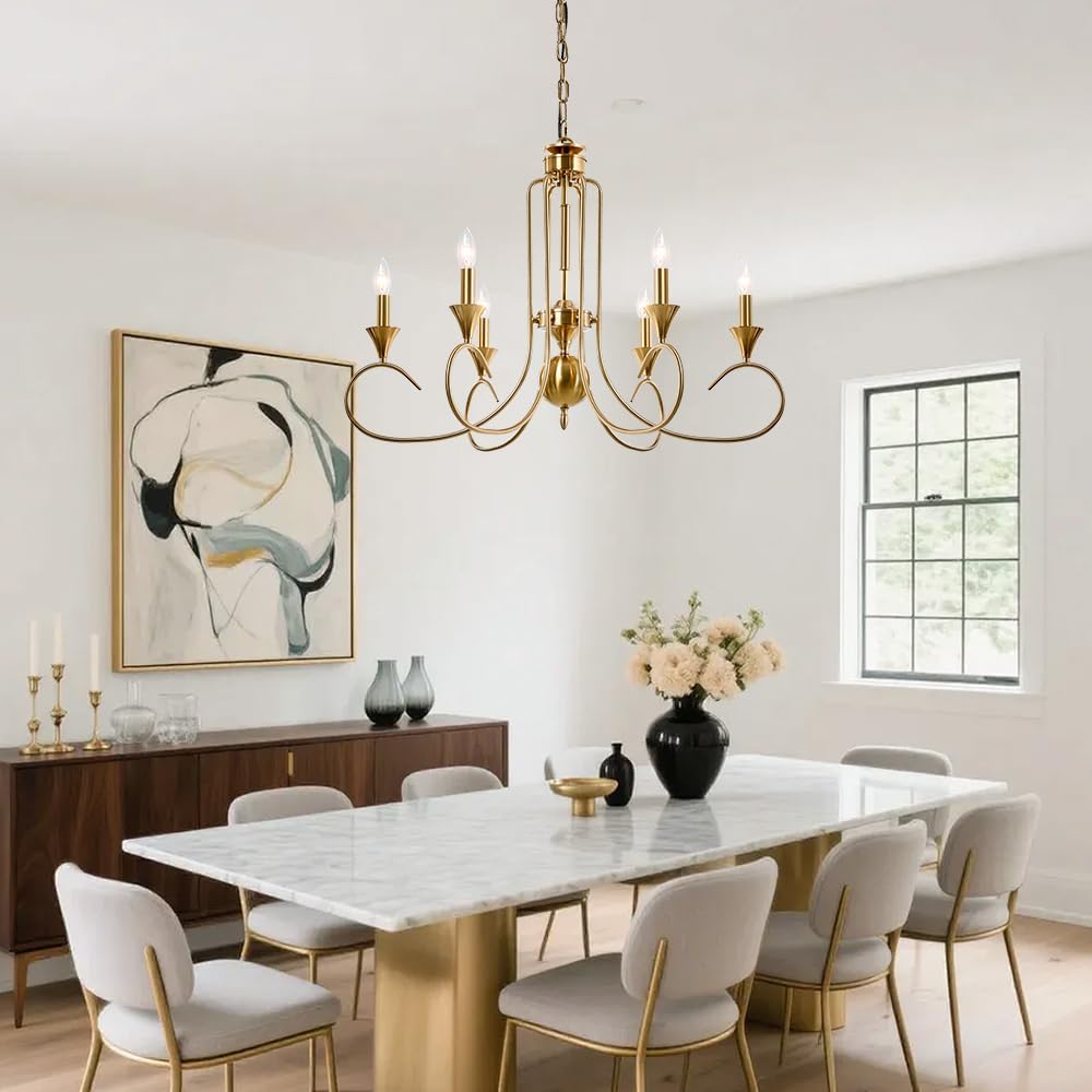 Gold Candle Chandelier 6-Light Modern Farmhouse Industrial Hanging Light Rustic Pedant Lighting Fixture for Dining Room, Kitchen, Foyer, Entryway, Living Room