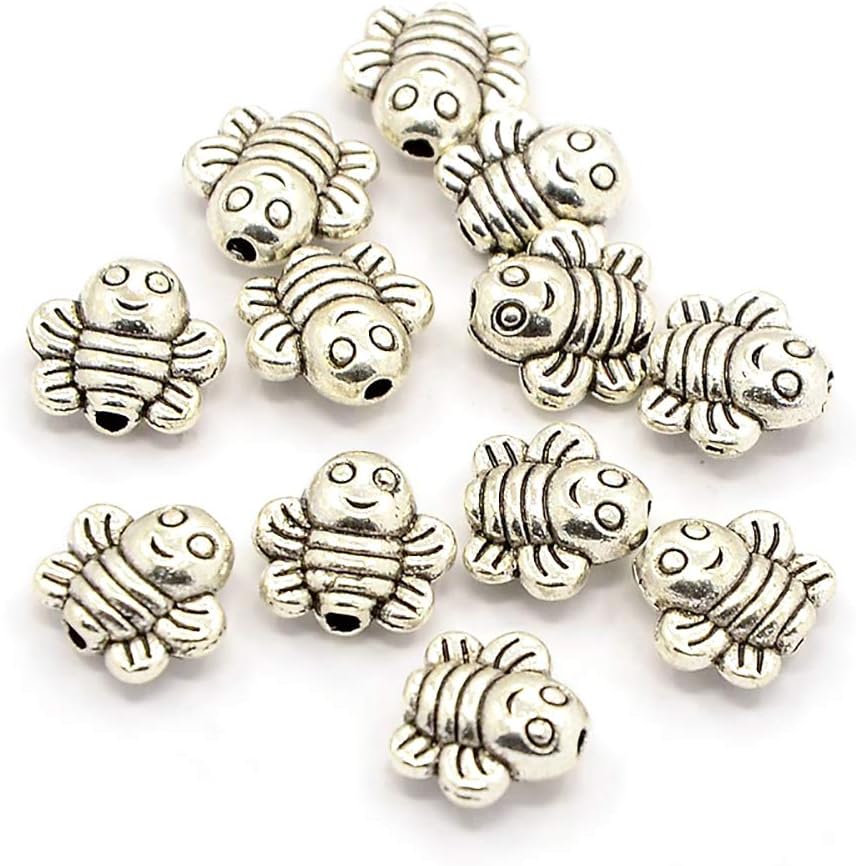 FASHEWELRY 50pcs Tibetan Bees Spacer Charm Beads Antique Silver Metal Loose Beads 9x9mm Cadmium Free & Lead Free for Necklaces Bracelets and Jewellery Making