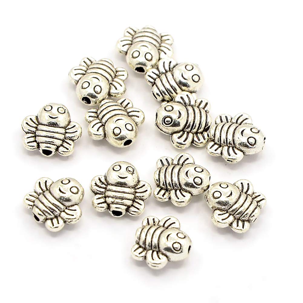 FASHEWELRY 50pcs Tibetan Bees Spacer Charm Beads Antique Silver Metal Loose Beads 9x9mm Cadmium Free & Lead Free for Necklaces Bracelets and Jewellery Making
