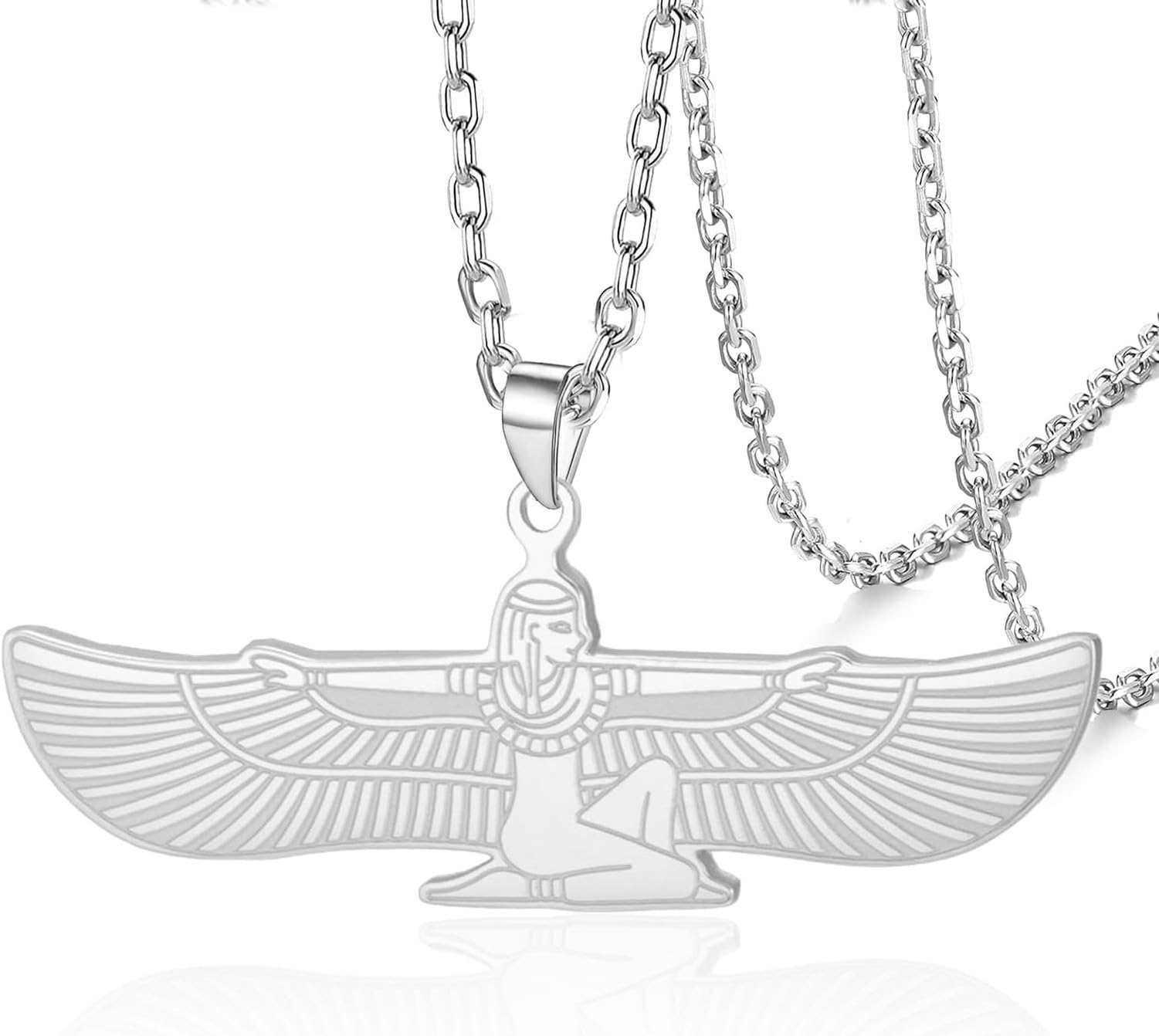 Faozhuo Egyptian Goddess Isis Necklace Winged Deity Pendant for Women Men Stainless Steel Ancient Egypt Greek Protection Amulet Mythology Jewelry, Silver 4