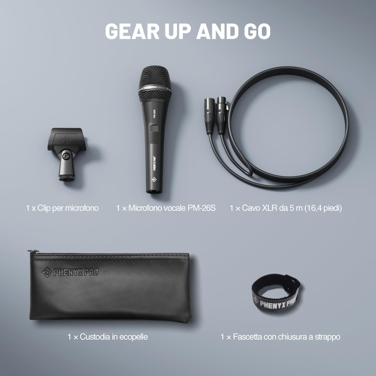 Microfono vocale dinamico supercardioide Phenyx Pro PM-26S con cavo XLR da 5 m, clip per microfono e borsa per il trasporto, microfono a filo portatile per canto, palco, studio e karaoke