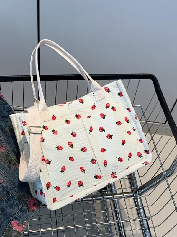 Image of Strawberry Tote Bag for Women with Pockets Corduroy Crossbody Shoulder Handbags Purse for Work