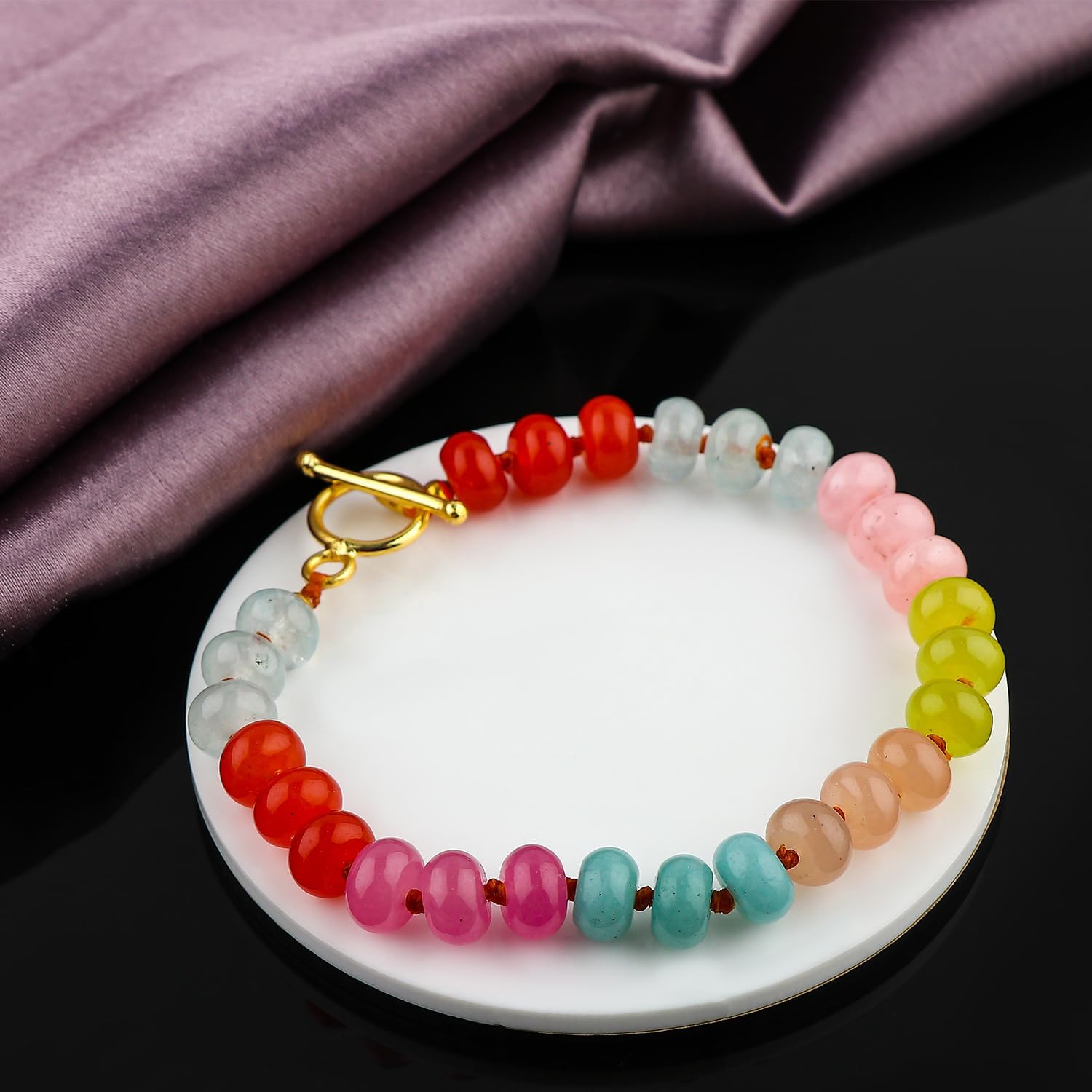 8mm Natural Gemstone Beads, Pastel Multi-Color Rondelle Beaded Bracelet – 18 Inch Hypoallergenic Gold Plated Chain – Dainty Handmade Jewelry for Women, Gift Idea (Colorful (Bracelet)) - Image 3