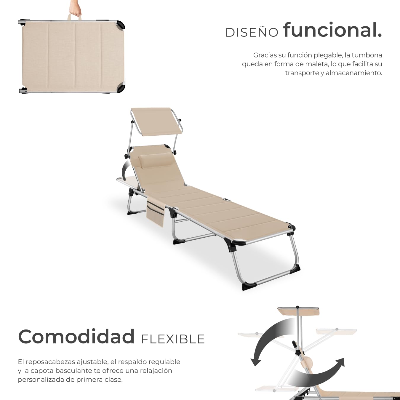 tectake® Tumbona Jardín Exterior de Aluminio, Tumbona Plegable con Reposacabezas, Parasol y Bolsillo Lateral, Playa Reclinable en 6 Posiciones, Resistente a Intemperie - Beige