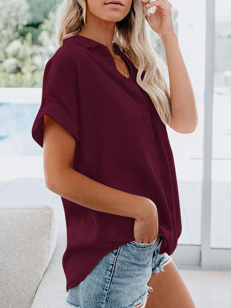 Womens Button Down Shirts Short Sleeve Linen Style Cotton Collared Button Up Casual Blouses Oversized Tops with Pocket - Image 2