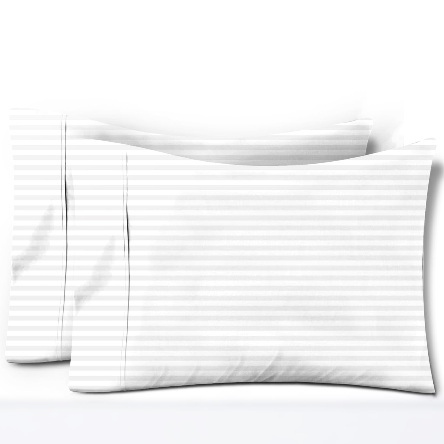 TEXAS LINEN CO. 100% Egyptian Cotton Pillow Cases Set of 2, 600 Thread Count White Stripe Standard/Queen Pillowcase for Sleeping, Soft, Sateen Bed