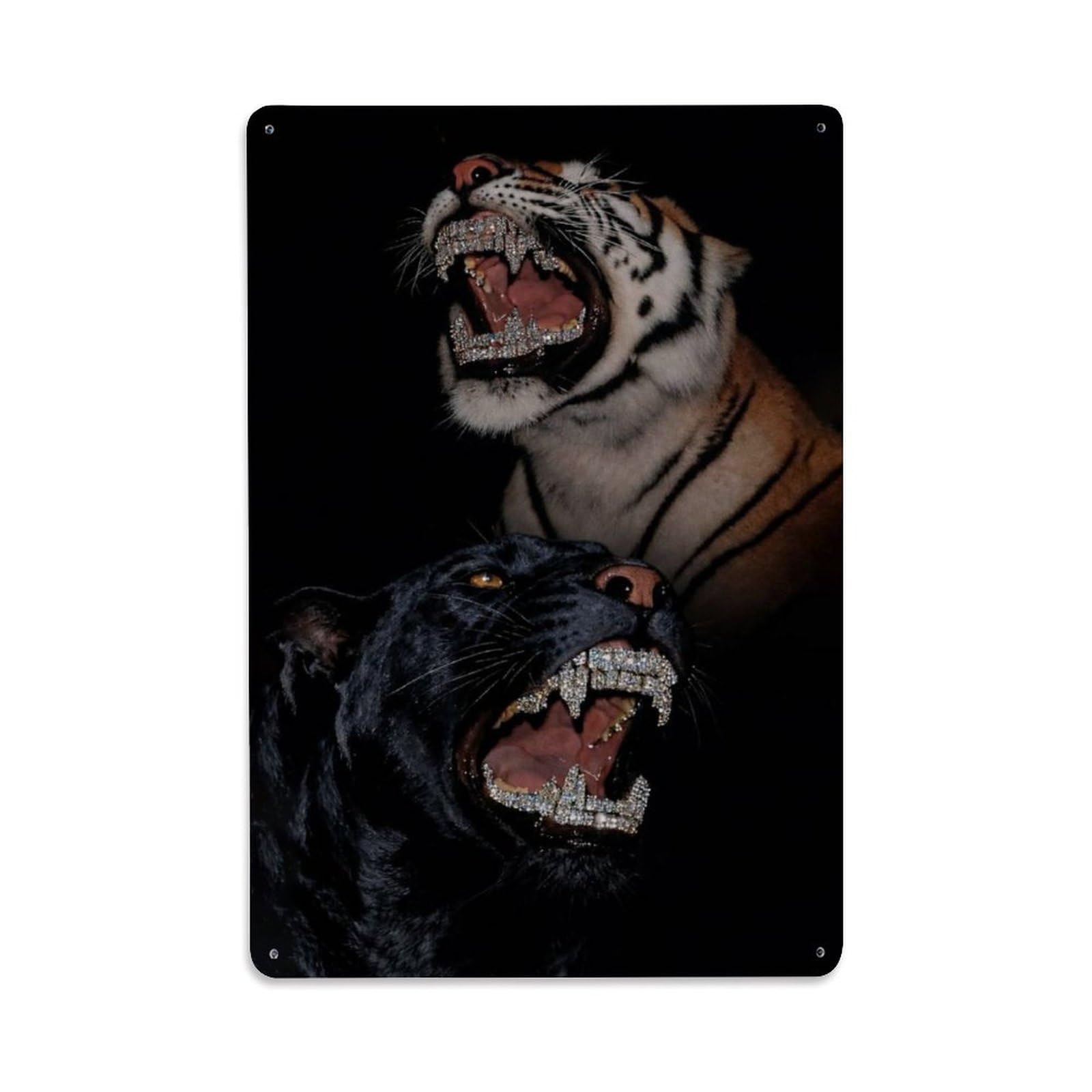 Roaring Predator Fierce Beast Wildlife White Tiger Classic Metal Tin Sign Plaque Wall Decor for Cafe, Man Cave, Club Bar, Office, Home Garden Round Metal Poster 8x12Inch