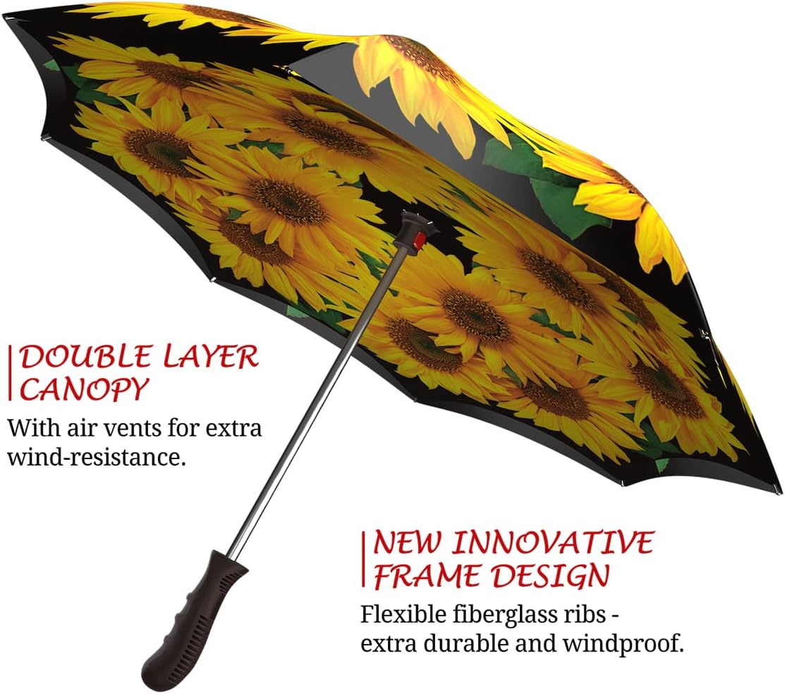 Designer Fashion Reverse Umbrella - Windproof Double Layer Inverted Umbrella - Self Stand Upside Down Umbrella Sunflowers Design - Inside Out Umbrella for Car - Vented Umbrella for Women