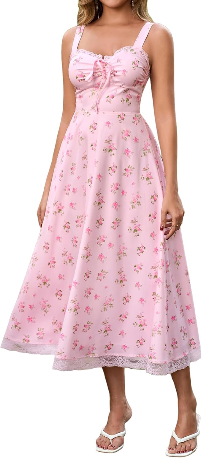 Floral Corset Wedding Guest Midi Dress Tie Front Sweetheart Lace A Line Flowy Tea Party Dresses for Women