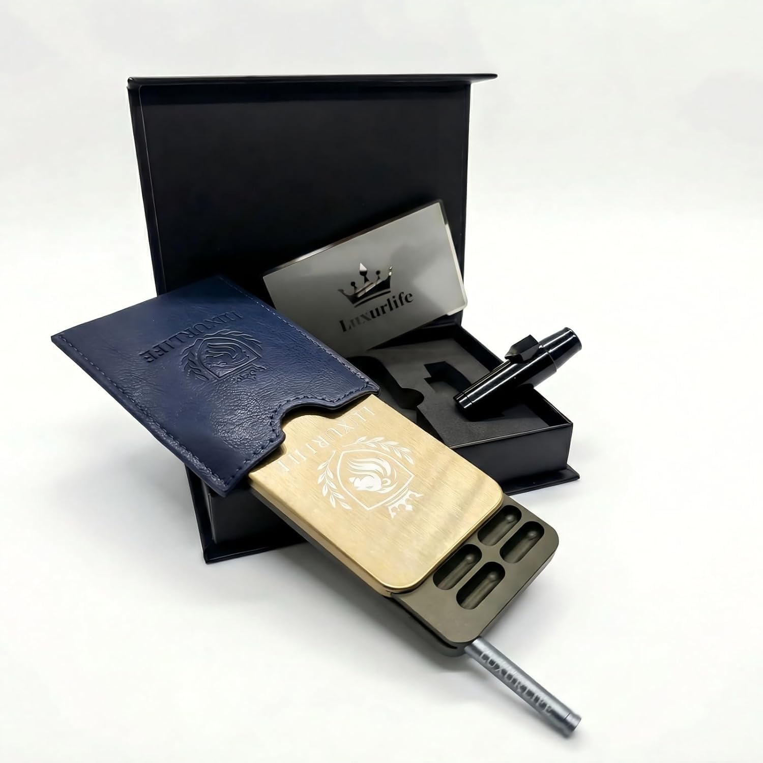 Scatola portaoggetti in lega di alluminio, 8 scomparti, design a 2 file, stemma leone con incisione laser, set regalo portatile (champagne olive duo)