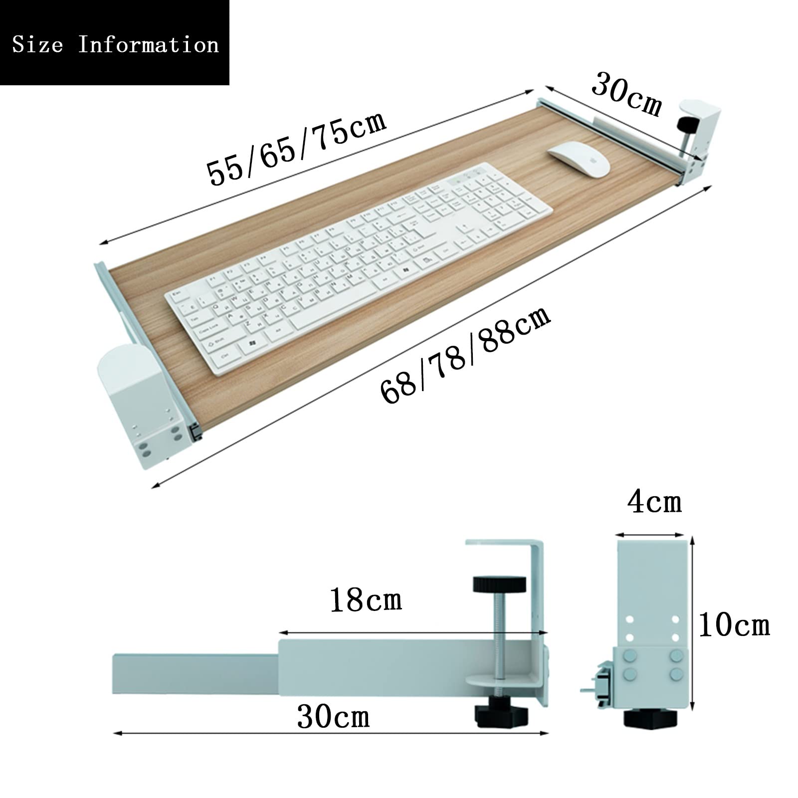Vassoio per tastiera in legno estraibile per scrivania, supporto per tappetino per mouse, design con morsetto, nessuna perforazione richiesta, 65 x 30 cm e 75 x 30 cm, cassetto scorrevole sotto la