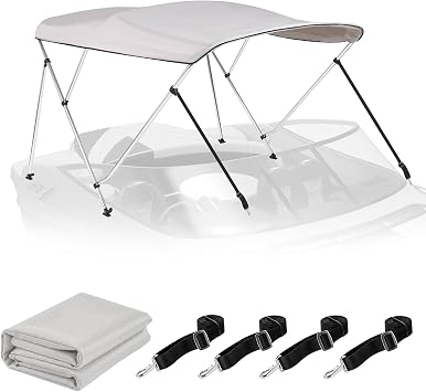 3 Bow Bimini Tops for Boats, 900D Waterproof Canvas Boat Canopy with Frame - 6L x 46" H x 61"-66" W, Includes 4 Adjustable Nylon Straps, 2 Rear Support Bars, Mounting Hardware, Storage Cover Gray