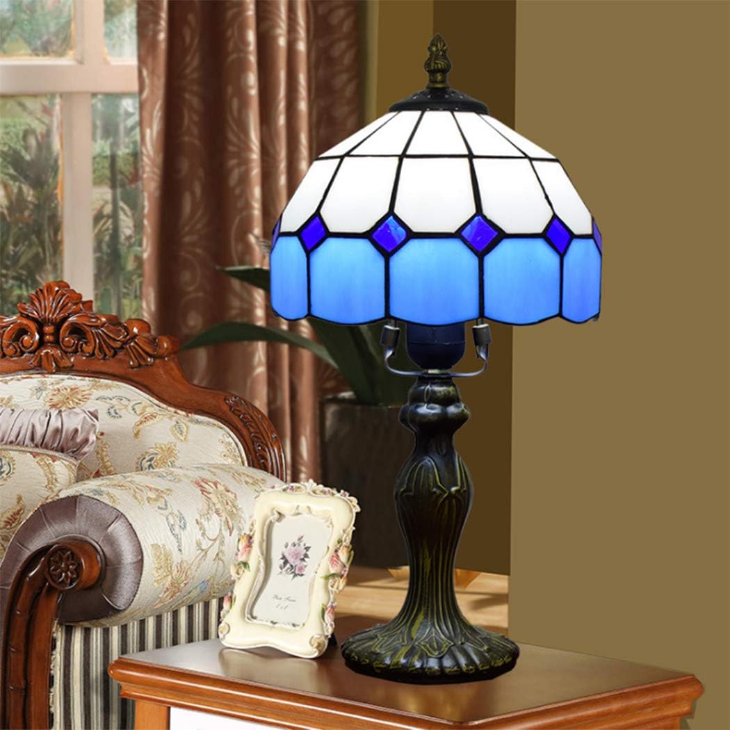 Tiffany Style Mediterranean Table Lamp Light Blue Lattice Stained Glass 8 Inch Shade Bedroom Desk Lamps Antique Zinc Base for Office Lighting