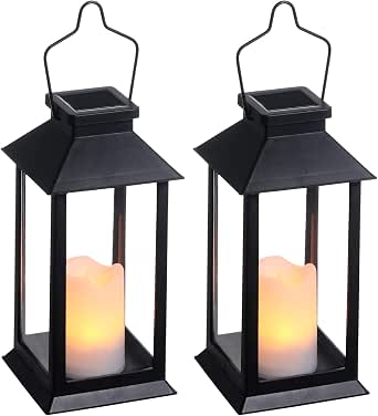 Tomshine 2-Pack Solar Lanterns, 11.8-Inch Outdoor Hanging LED Flickering Flameless Candle Lights (Black)
