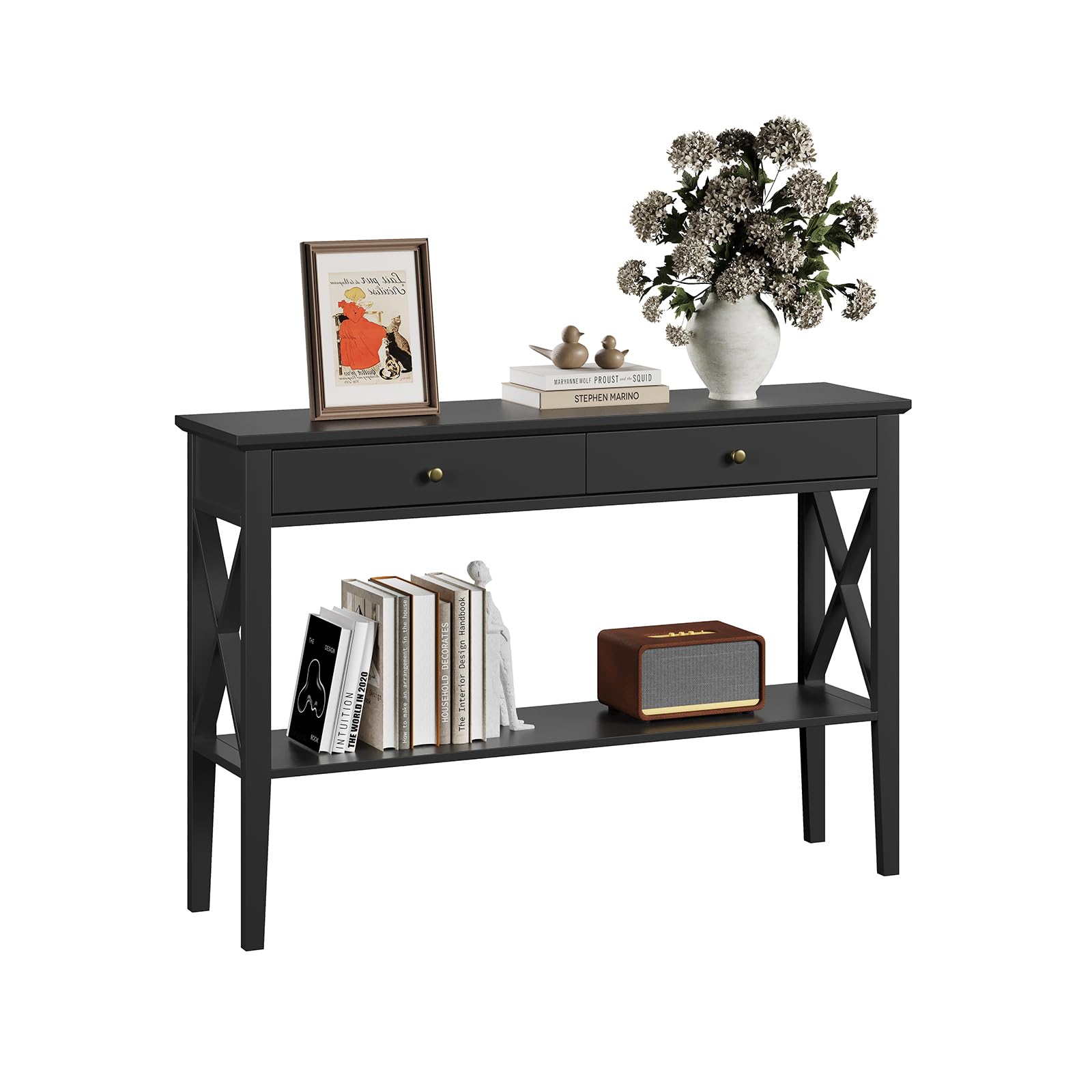 Console Meuble Design pour Espaces Étroits, Meuble 2 Tiroirs et Étagère Fixe pour Entrée, Salon et Couloir, Surface Lisse Facile à Nettoyer, Noir