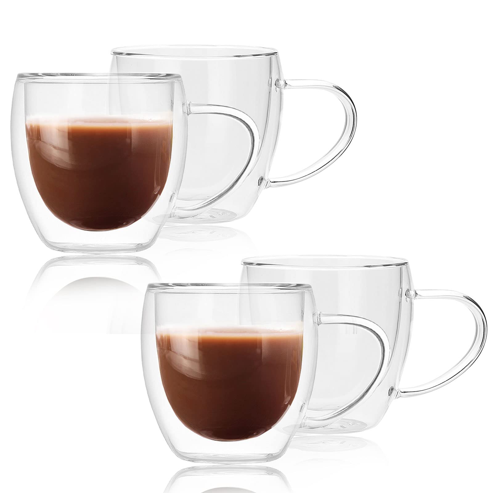 Topsky 4 x 250ml Pack of Coffee Glasses Double Walled Glass Coffee Cups Heat Resistant Glass Mugs, Borosilicate Glasses Mugs with Handle for Hot or Cold Beverages, Cocoa, Latte, Cappuccino, Espresso