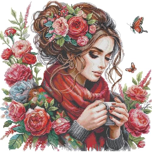 CROSSDECOR Stamped Cross Stitch Kits for Adults Printed Cross-Stitch Supplies 14CT 2 Strands Needlepoint Kits for Beginners DIY Embroidery Kit Festal Crafts-Beauty 40×40 cm