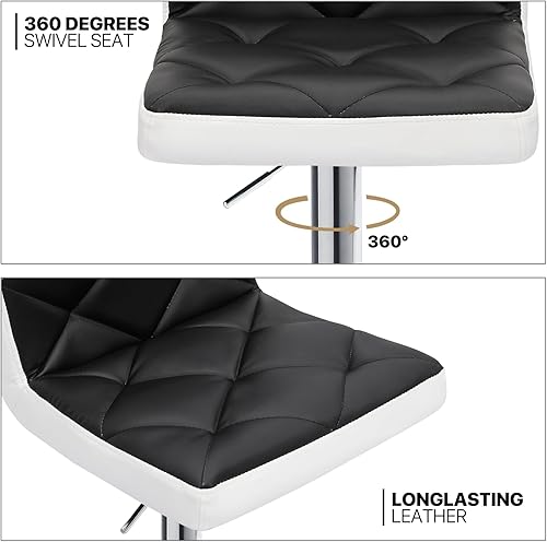 Miniatura 6 de MoNiBloom Juego de 2 taburetes de bar de altura ajustable en color negro y blanco con bloqueo de cuero sintético, sillas de bar giratorias con