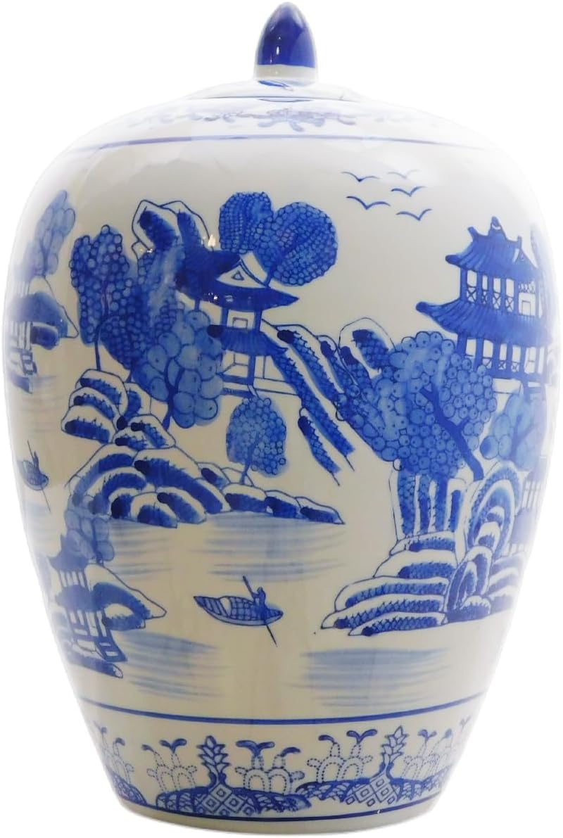 Oriental Furnishings Chinese Blue and White 11" High Porcelain Jar with Canton Landscape Painting and Lid