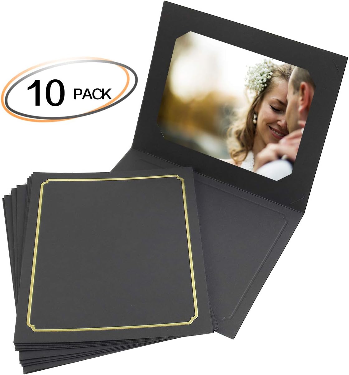 Golden State Art, Pack of 10, 6x8 or 8x10 Photo Folders, Cardboard Picture Frame, Paper Frame Cards, Greetings/Invitation Special Events: Graduation, Christmas, Wedding(Black)