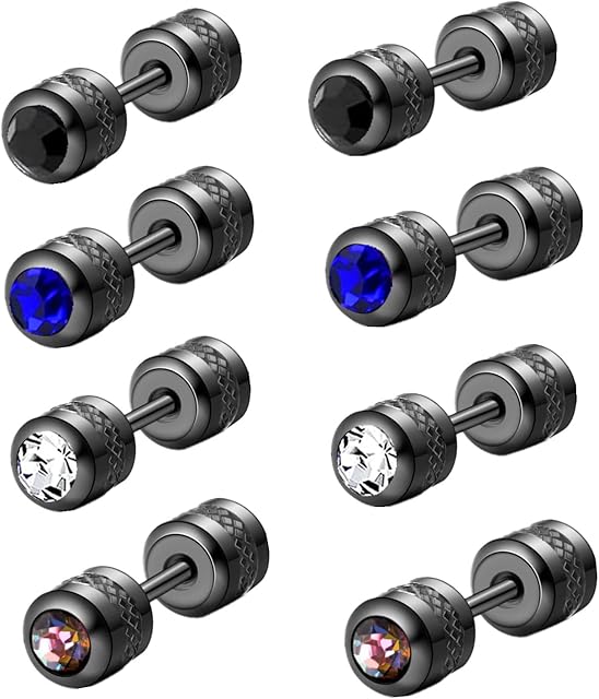 ZOCOYUU 4 Pairs 20G Titanium Screw Back Surgical Stainless Steel Stud Earrings for Women Men,Rainbow 5A Cubic Zirconia Double Side Earrings Piercing Sleeper Studs Jewelry 4mm