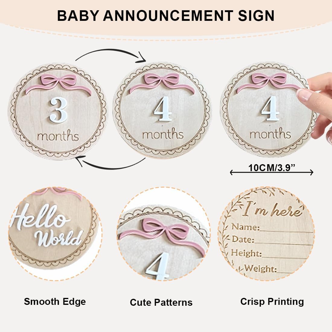 Baby Monthly Milestone Cards Double Sided Bow Hello World Newborn Name Announcement Signs 1-12 Months Girl Daisy Milestone Wooden Circles for Newborn Baby Shower Girl Photo Props 7Pcs