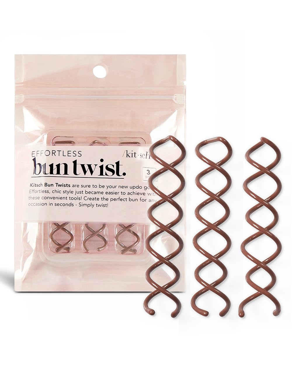 Kitsch Spiral Bobby Pins for Girls and Women - Hair Bun Maker | Rounded Tips, Chip-Resistant Bun Twist Spiral Hair Pins | Secure Hold All-Day | Ideal - 3Pcs, Brown
