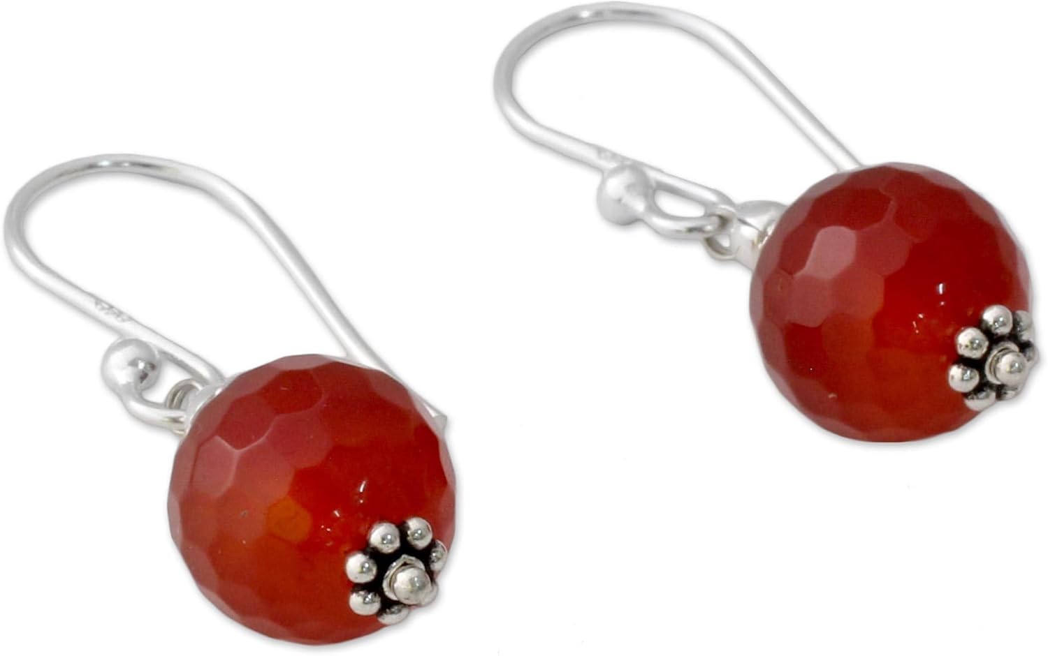 NOVICA Artisan Handmade Carnelian Dangle Earrings Faceted with Sterling Silver Red India Fiesta Birthstone [1.3 in L x 0.4 in W x 0.4 in D] ' Glorious Sunset'